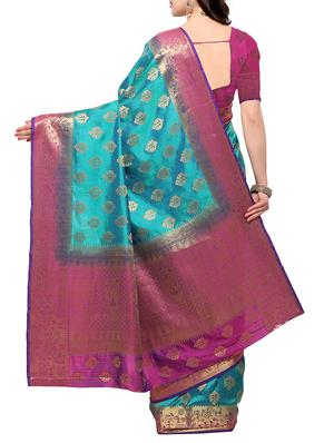 turquoise banarasi silk saree with blouse - 15023140 - Standard Image - 2