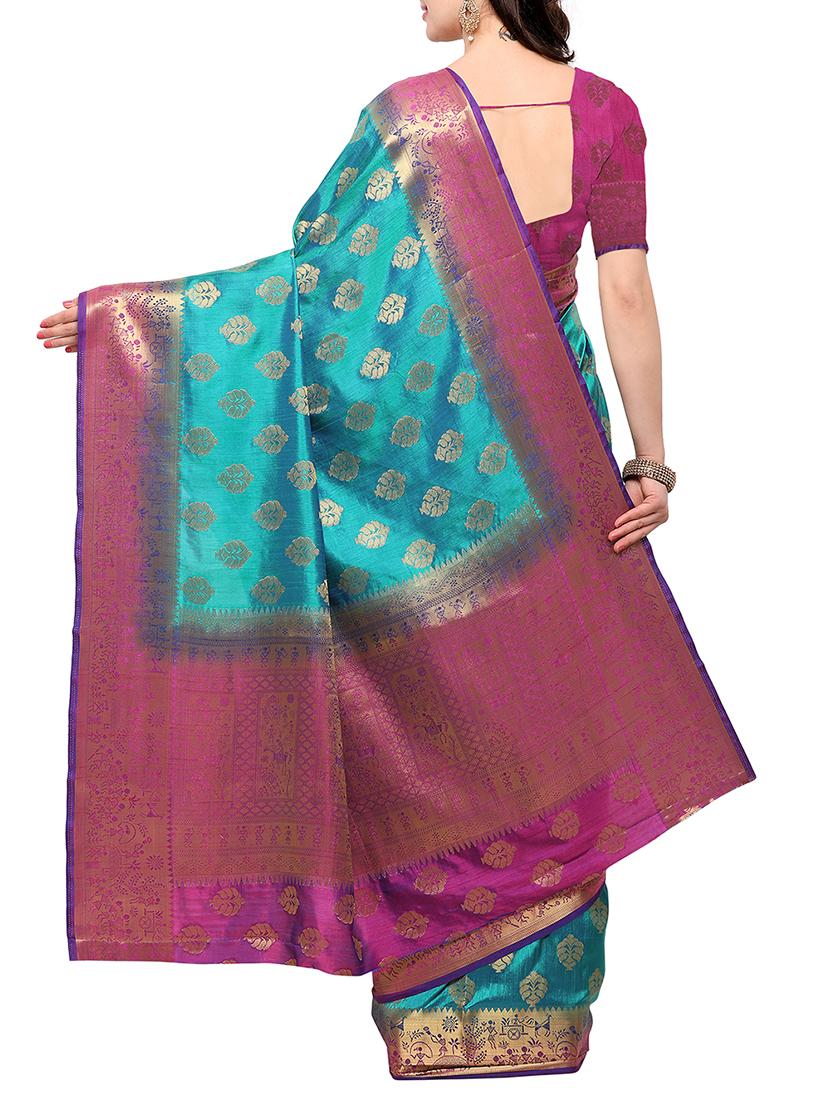 turquoise banarasi silk saree with blouse - 15023140 - Zoom Image - 2