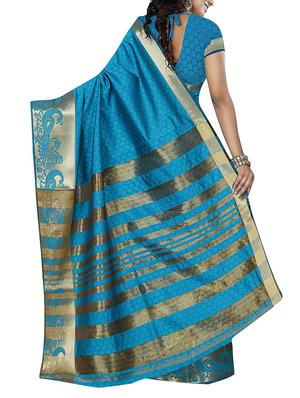turquoise cotton blend woven saree with blouse - 15023478 - Standard Image - 2
