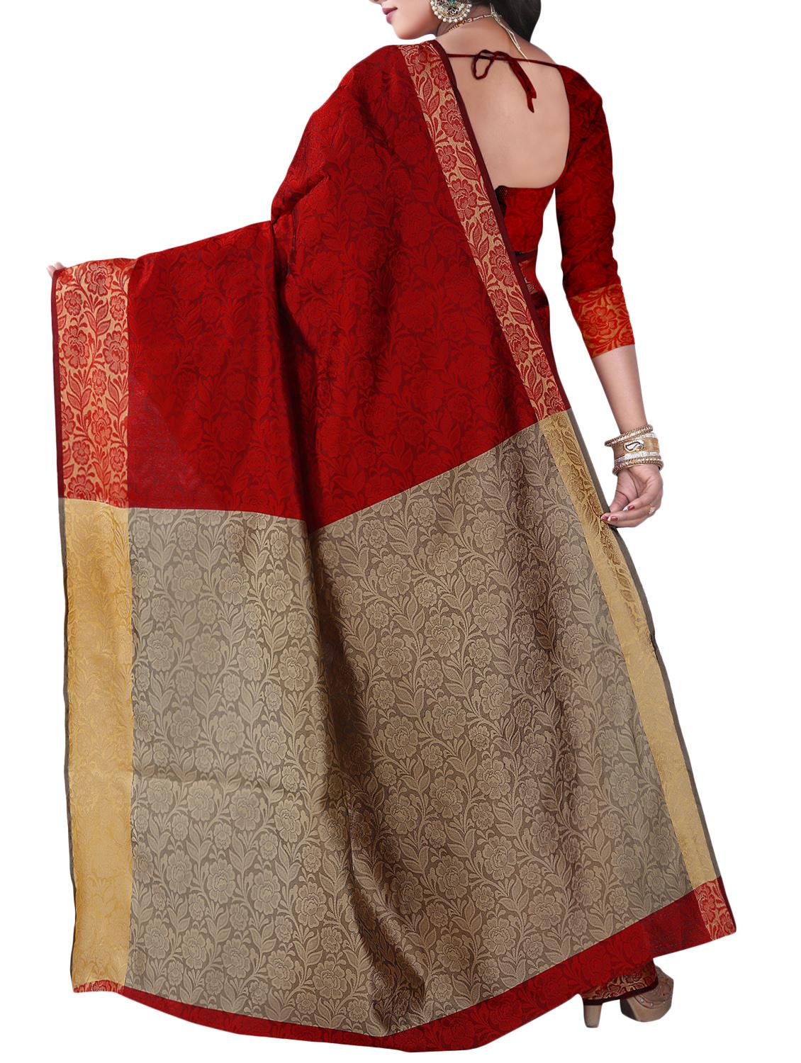 maroon cotton blend woven saree with blouse - 15023485 - Zoom Image - 2