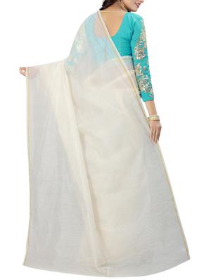white cotton silk plain saree with blouse - 15023528 - Standard Image - 2