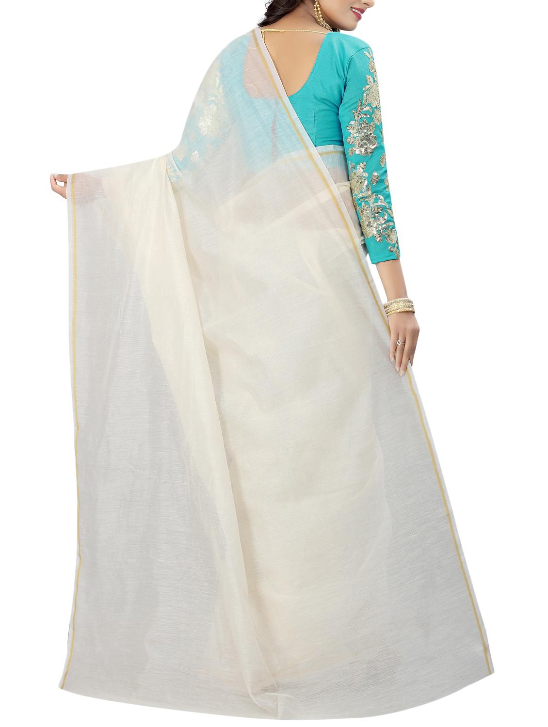 white cotton silk plain saree with blouse - 15023528 - Zoom Image - 2