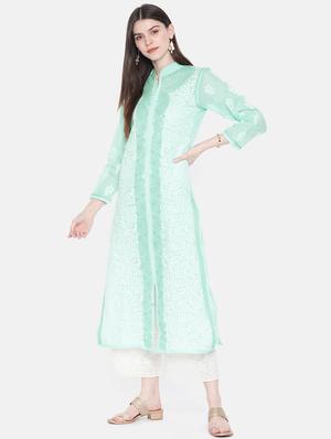 ada blue cotton straight chikankari kurta - 15024841 - Standard Image - 2