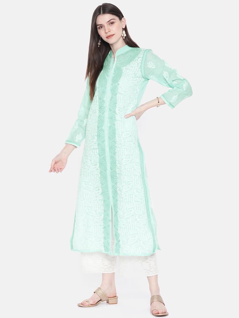 ada blue cotton straight chikankari kurta - 15024841 - Zoom Image - 2