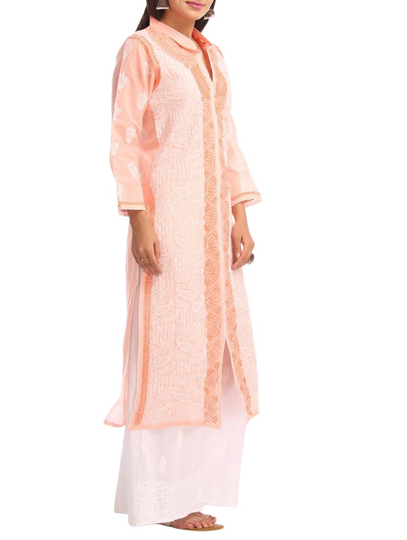 ada peach chikankari cotton straight kurta - 15024843 - Zoom Image - 2