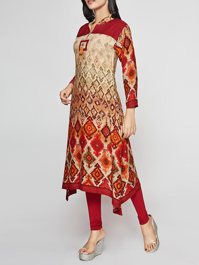 maroon rayon asymmetric kurta - 15025932 - Zoom Image - 2