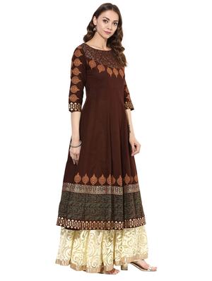 brown cotton anarkali kurta - 15026078 - Standard Image - 2