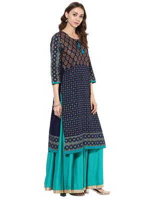 blue cotton straight kurta - 15026085 - Standard Image - 2