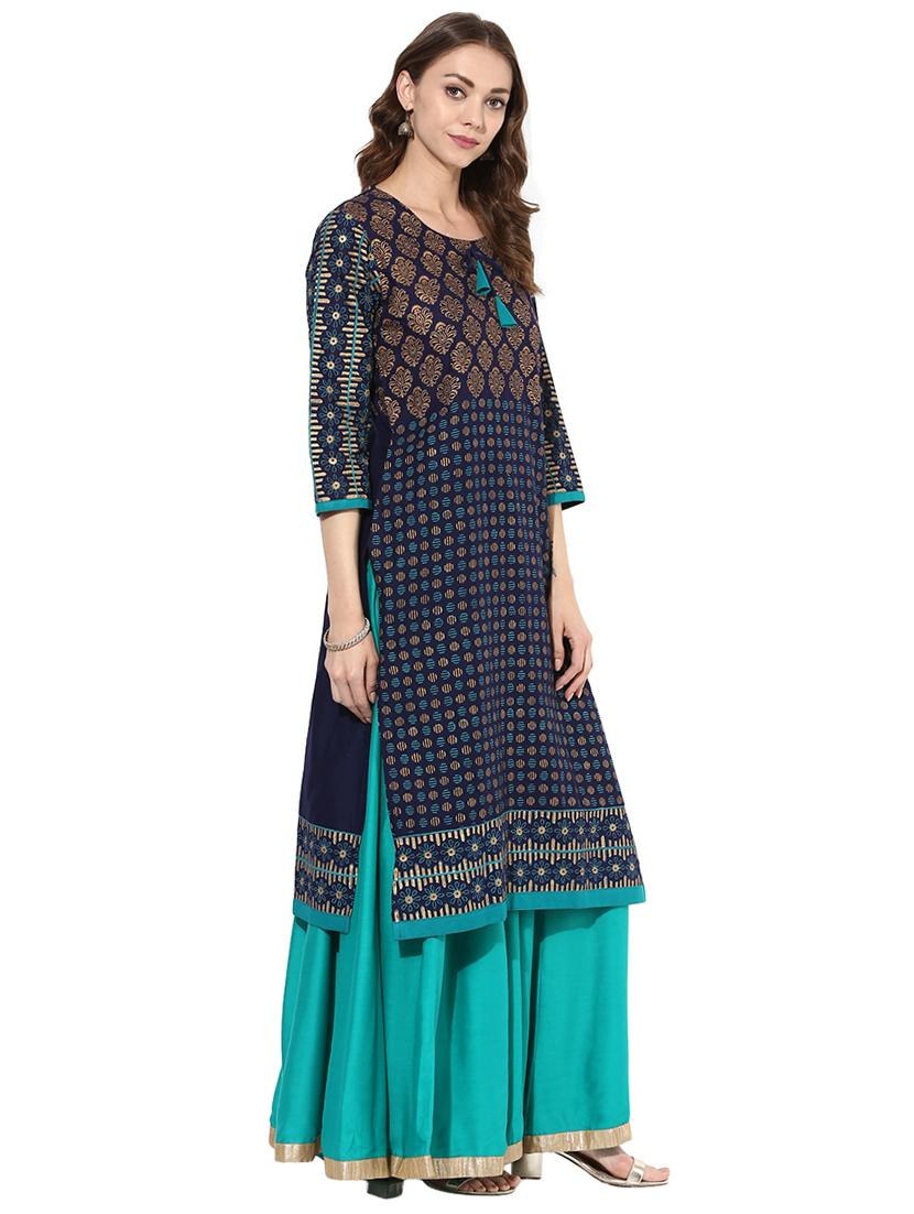 blue cotton straight kurta - 15026085 - Zoom Image - 2