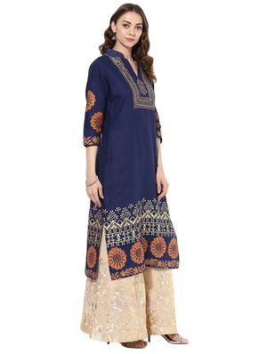 blue cotton straight kurta - 15026086 - Standard Image - 2