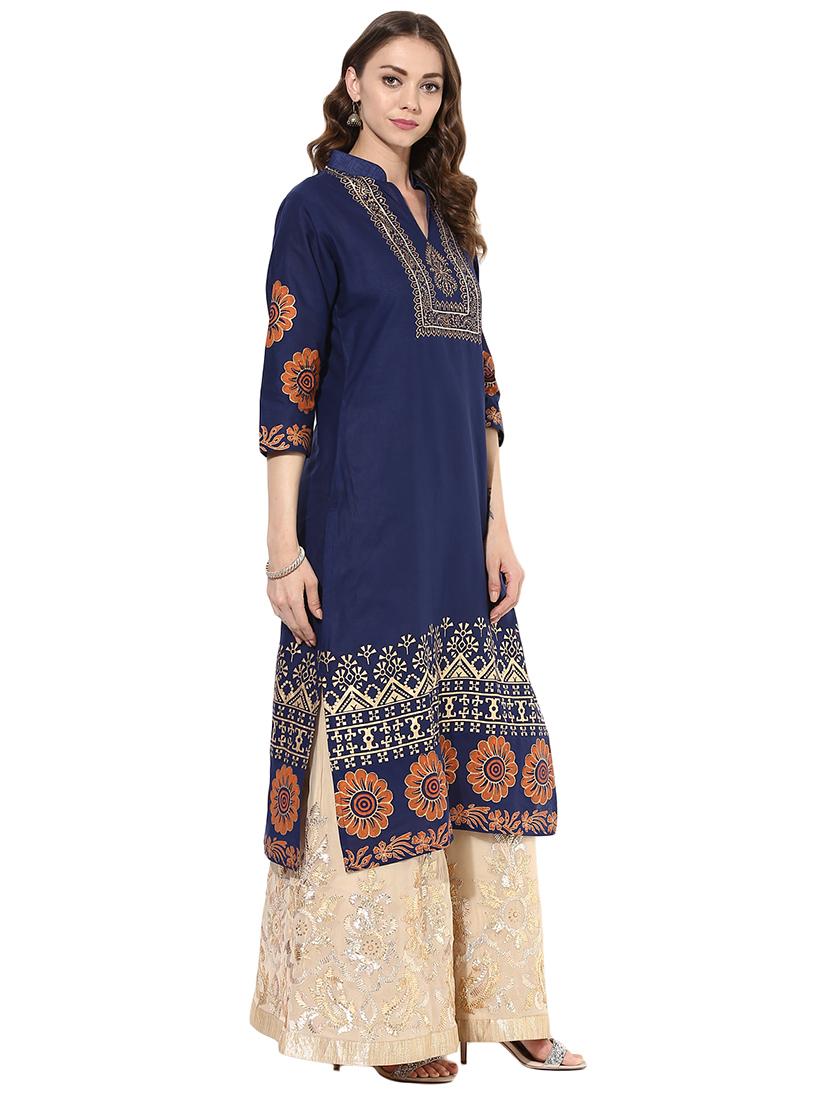blue cotton straight kurta - 15026086 - Zoom Image - 2