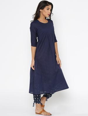 blue cotton solid a-line kurta - 15026273 - Standard Image - 2
