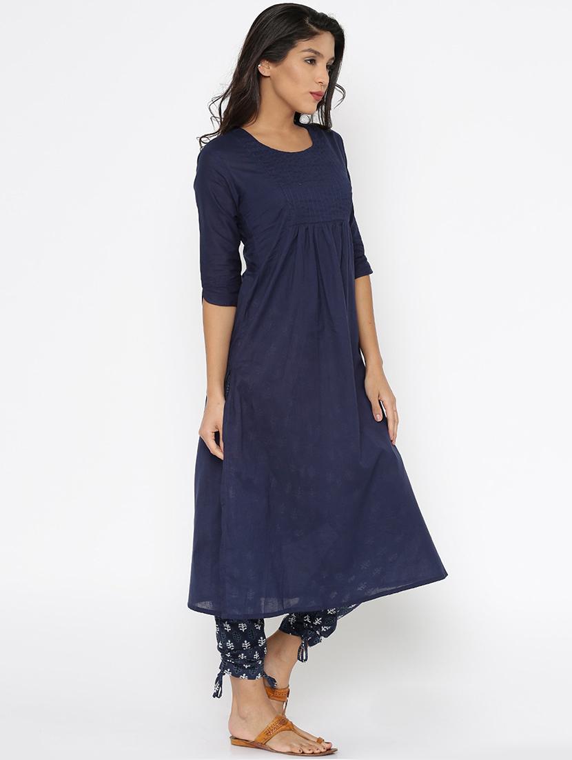 blue cotton solid a-line kurta - 15026273 - Zoom Image - 2
