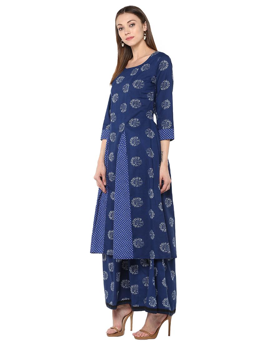 blue cotton kurta palazzo set - 15027435 - Zoom Image - 2