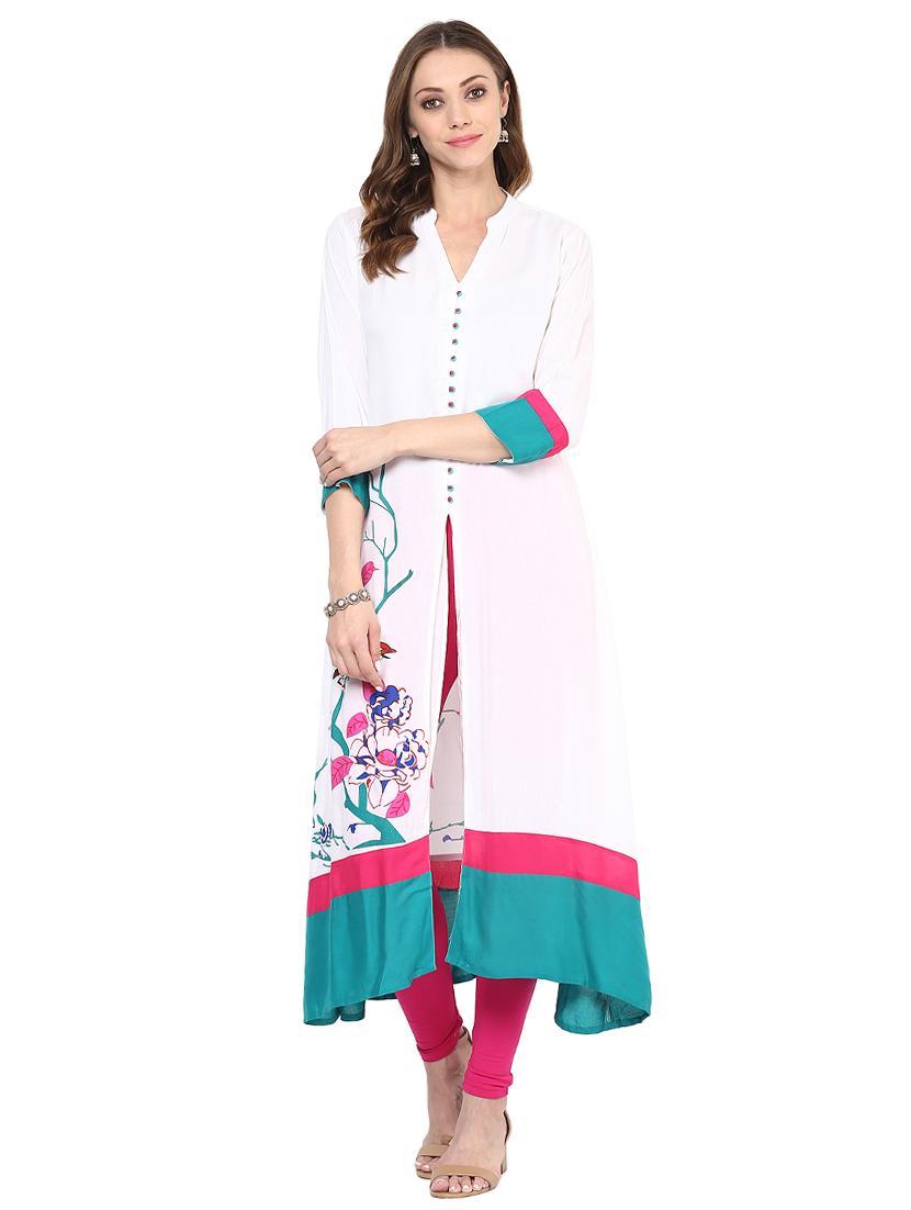 white rayon aline kurta - 15027437 - Zoom Image - 2
