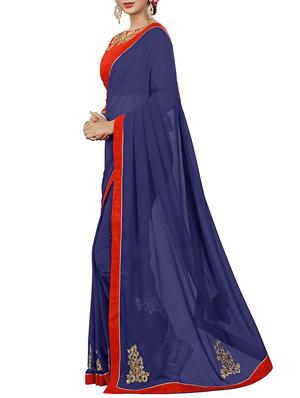 blue georgette embroidered saree with blouse - 15027587 - Standard Image - 2