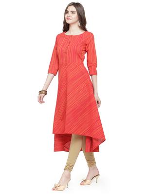 red cotton high low kurta - 15029887 - Standard Image - 2