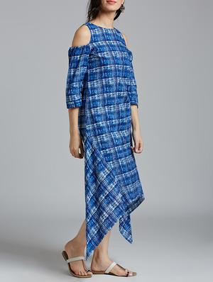 blue checkered cotton asymmetric dress - 15030263 - Standard Image - 2