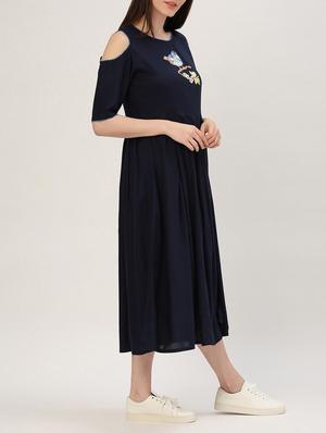 navy blue rayon fit & flare dress - 15030281 - Standard Image - 2