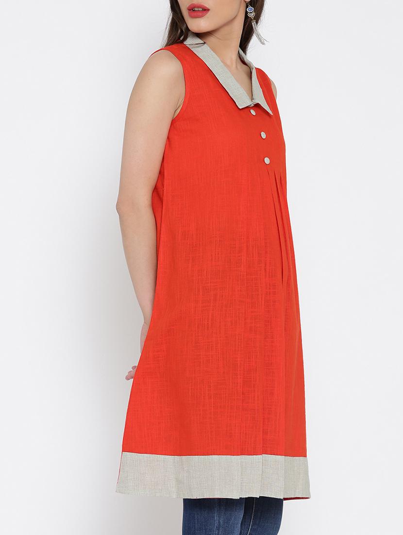 red cotton fusion kurta - 15030357 - Zoom Image - 2