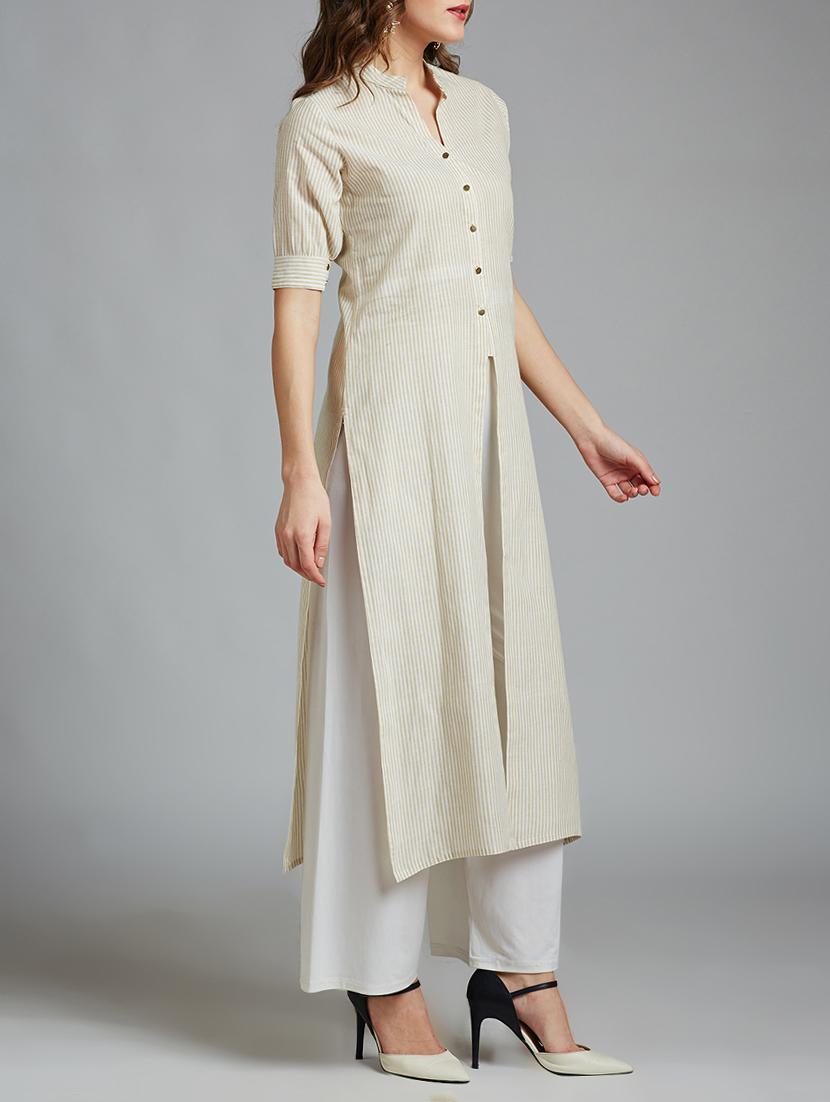 beige cotton solid kurta - 15030381 - Zoom Image - 2
