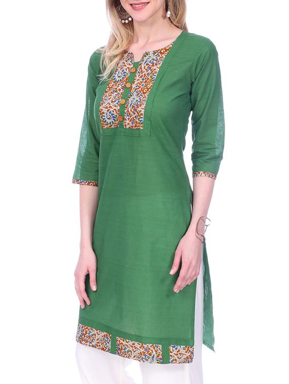 green cotton straight kurta - 15030871 - Zoom Image - 2