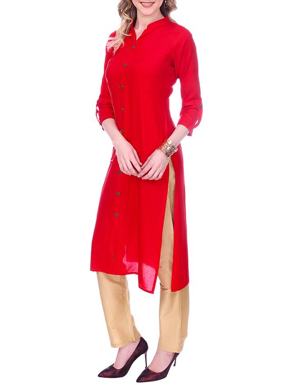 red rayon solid kurta - 15030877 - Zoom Image - 2