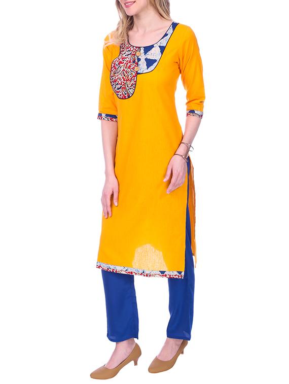 yellow cotton straight kurta - 15030878 - Zoom Image - 2