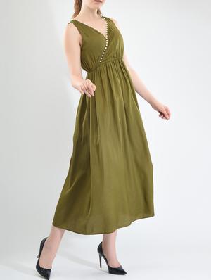 olive green solid cotton empire line dress - 15030981 - Standard Image - 2