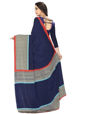 Midnight blue bordered saree with blouse - 15032926 - Standard Image - 2