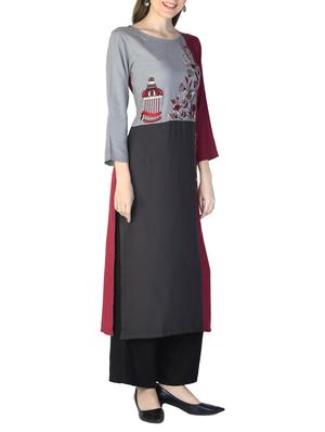 maroon rayon straight embroidered kurta - 15033008 - Standard Image - 2
