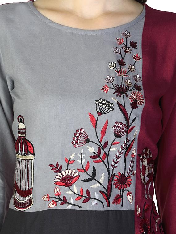 maroon rayon straight embroidered kurta - 15033008 - Zoom Image - 5