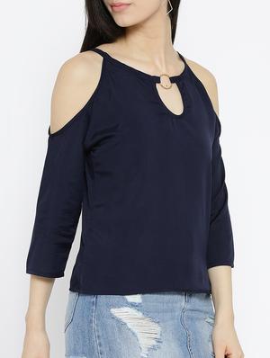 navy blue solid cold shoulder top - 15034258 - Standard Image - 2