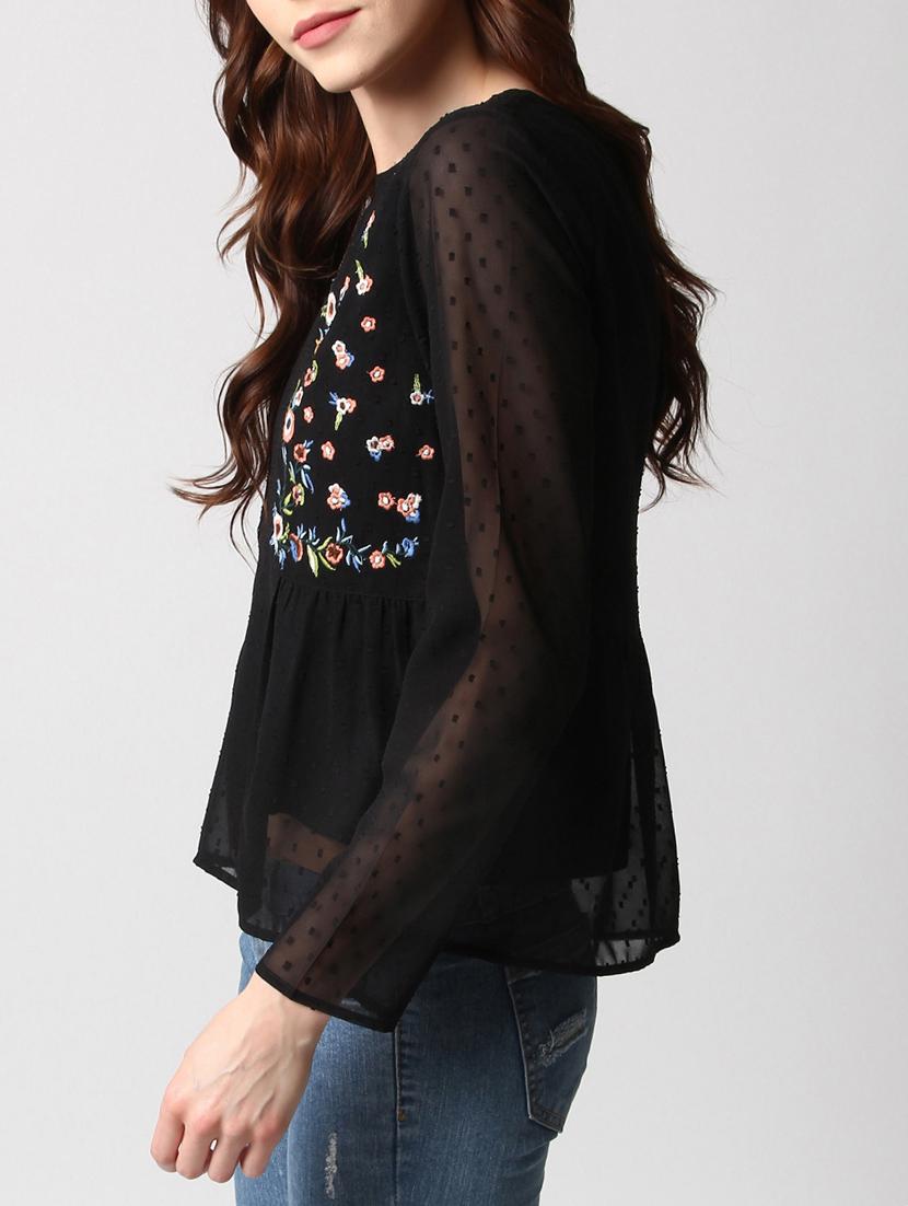 black solid embroidered top - 15037195 - Zoom Image - 2