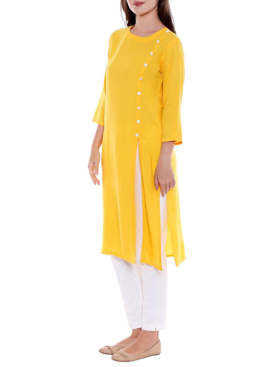 yellow straight slit solid kurta - 15047110 - Zoom Image - 2