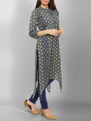 blue cotton asymmetric kurta - 15049791 - Standard Image - 2