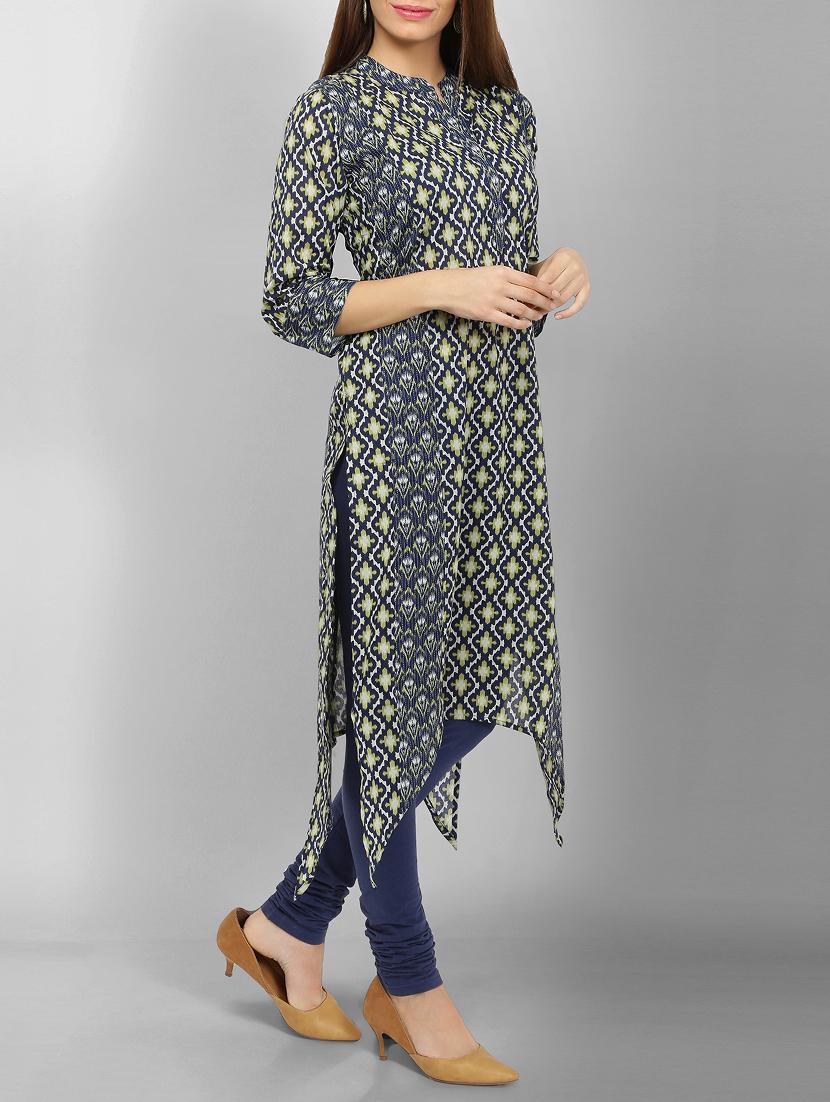 blue cotton asymmetric kurta - 15049791 - Zoom Image - 2