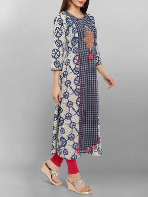 blue cotton aline kurta - 15049795 - Standard Image - 2