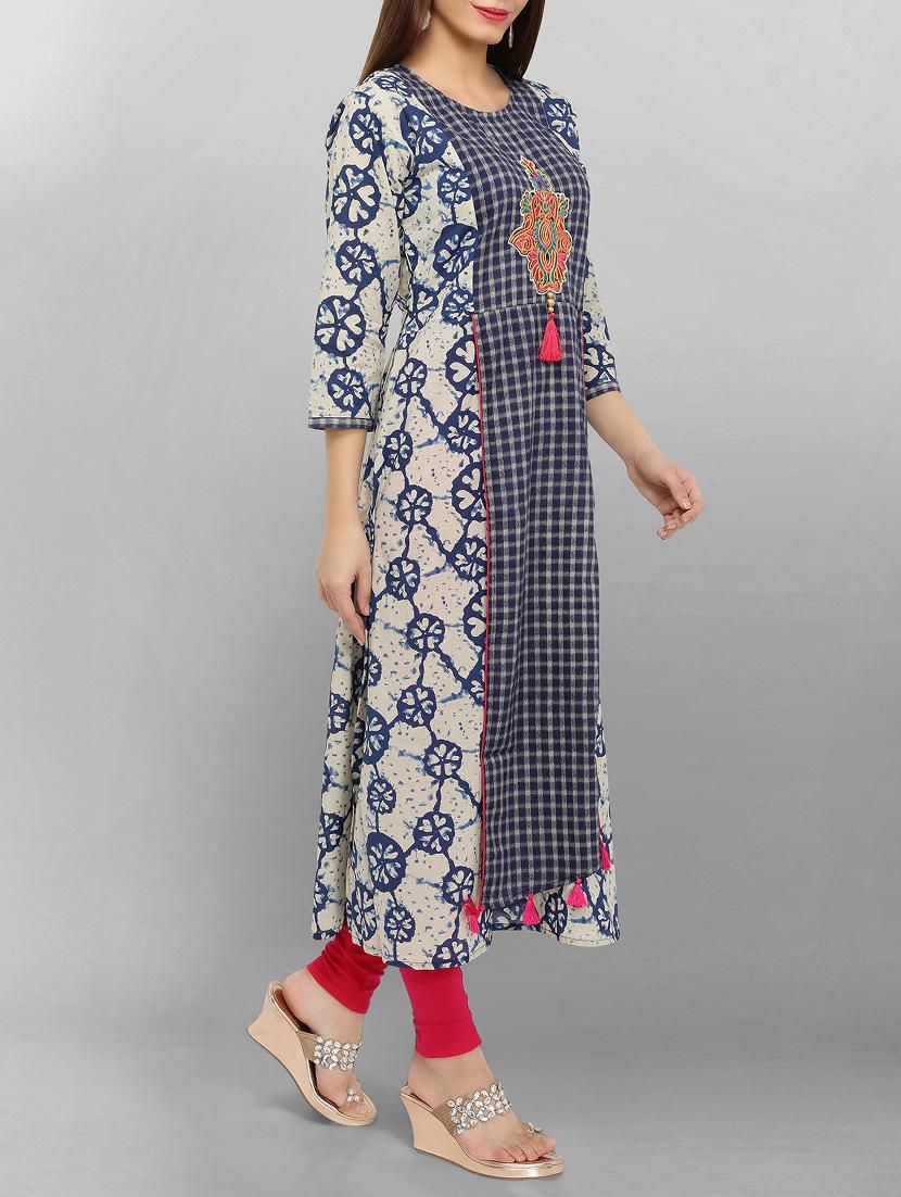 blue cotton aline kurta - 15049795 - Zoom Image - 2