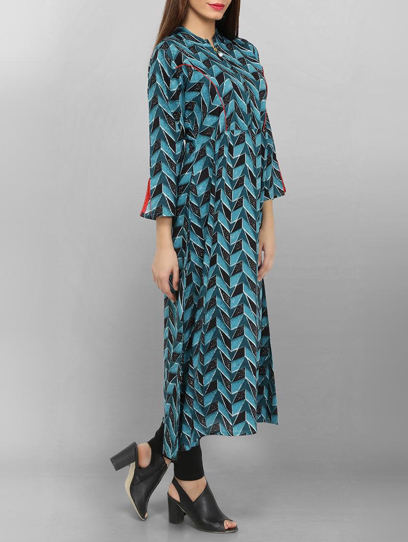 blue viscose aline kurta - 15049803 - Zoom Image - 2