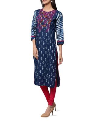 blue cotton straight kurta - 15052450 - Standard Image - 2