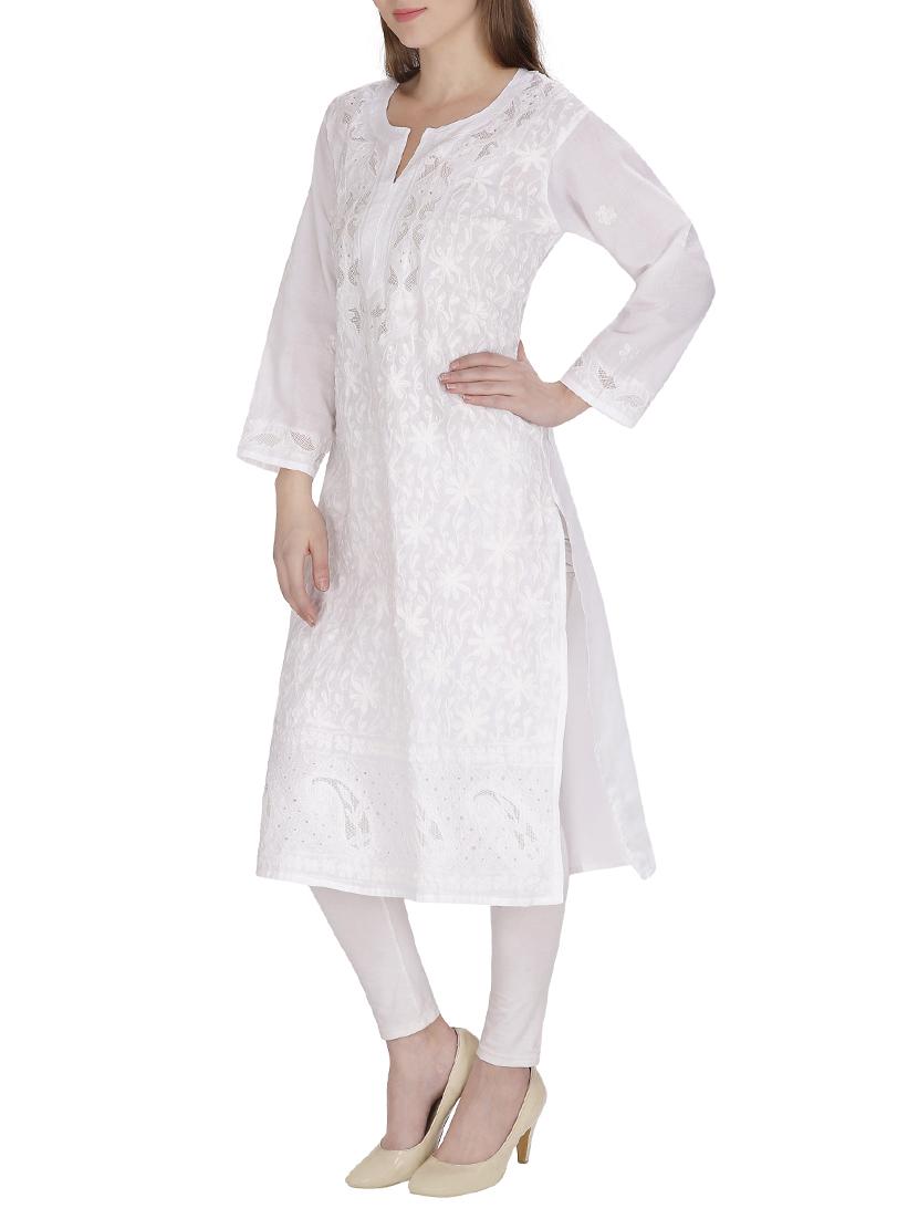 white cotton solid kurta - 15055125 - Zoom Image - 2