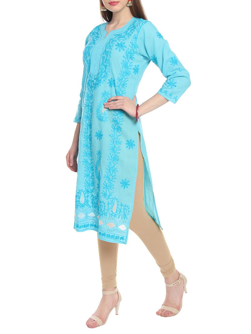 blue cotton solid kurta - 15055129 - Zoom Image - 2