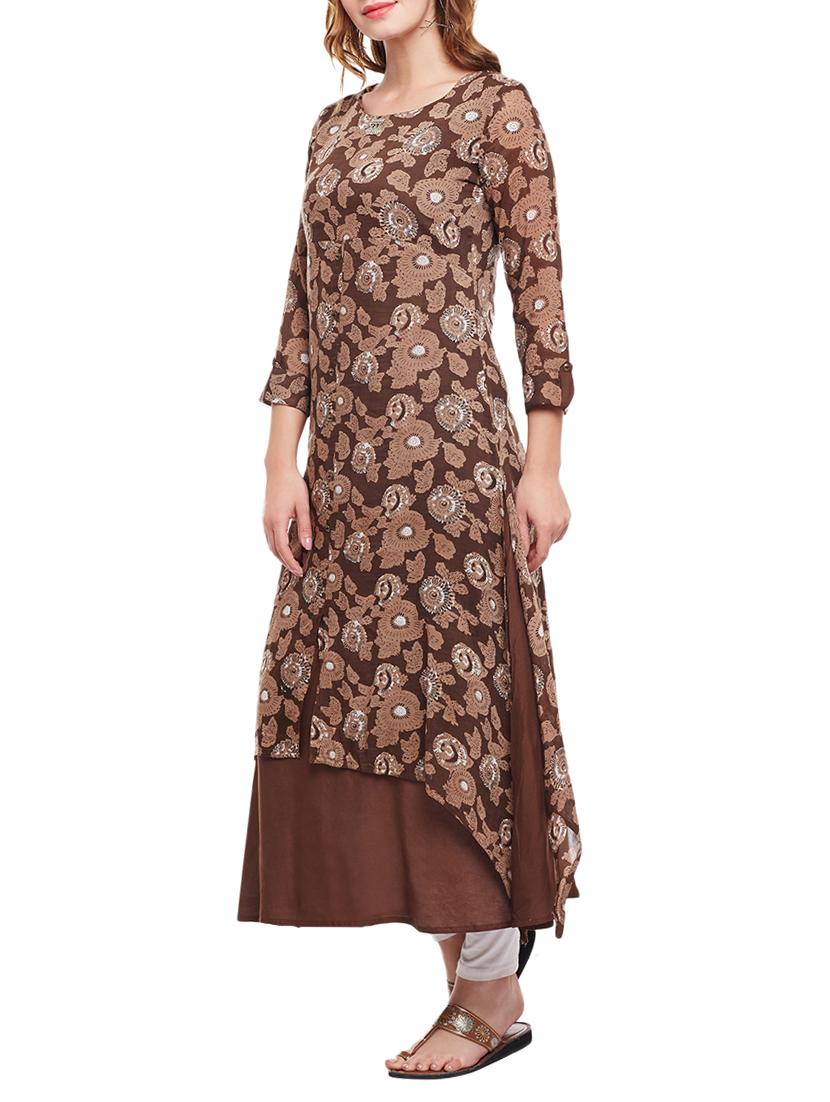 brown cotton layered kurta - 15056054 - Zoom Image - 2
