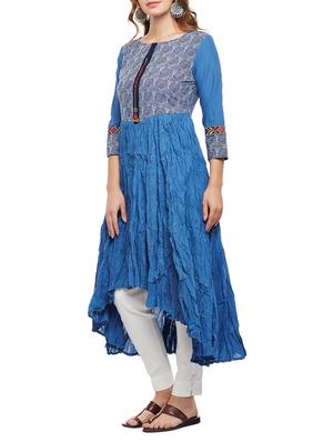 blue cotton high low kurta - 15056063 - Standard Image - 2