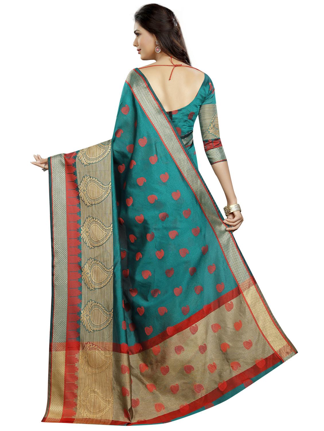 green cotton blend woven saree with blouse - 15057014 - Zoom Image - 2