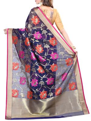 blue cotton blend woven saree with blouse - 15057068 - Standard Image - 2