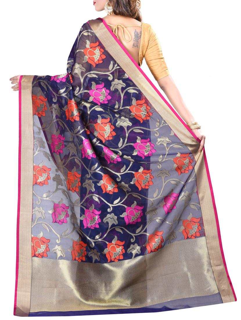 blue cotton blend woven saree with blouse - 15057068 - Zoom Image - 2