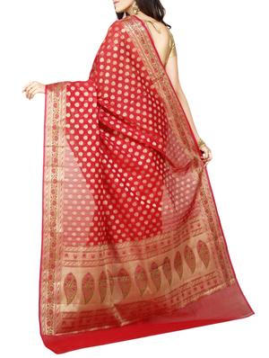 red cotton blend woven saree with blouse - 15057164 - Standard Image - 2