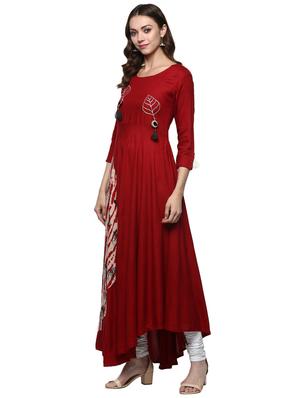 maroon rayon flared kurta - 15059595 - Standard Image - 2